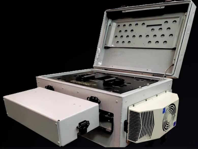 Custom climate controlled insulated transit case with telescopic handle wheel kit, removable chassis with anodized face plate and powder coated finish, Impact Cases